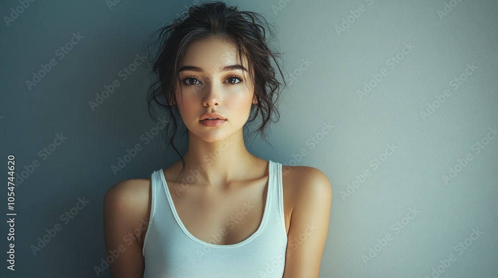 Beautiful woman in white T-shirt Female breast dark background Beautiful woman in white T-shirt Female breast dark background