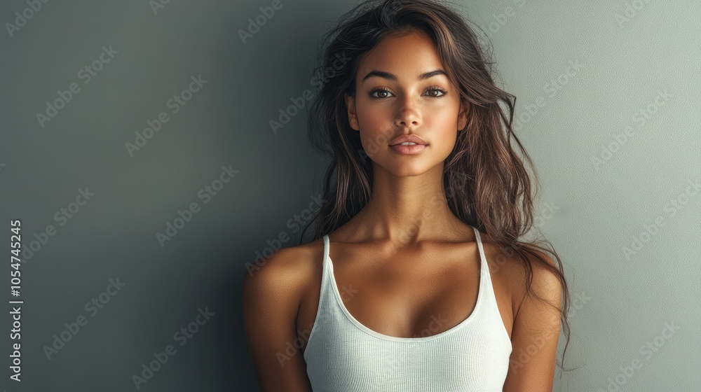 Beautiful woman in white T-shirt Female breast dark background Beautiful woman in white T-shirt Female breast dark background