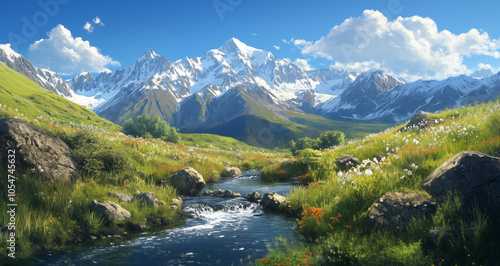 Majestic mountains meadow stream landscape oil painting 