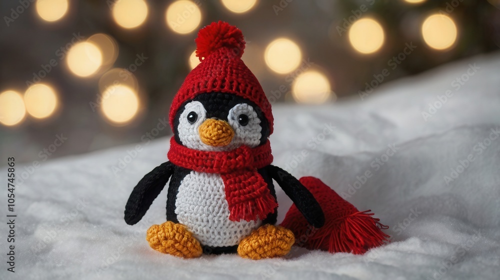 an adorable knitted penguin doll wearing a red hat and scarf an adorable knitted penguin doll wearing a red hat and scarf