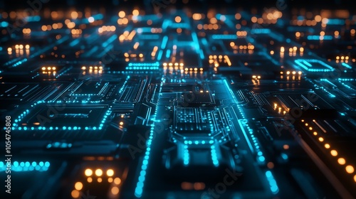 The highly exquisite futuristic circuit board pattern, with blue glowing lines on a dark background, creates a simple and high-tech visual effect, suitable for digital environments.