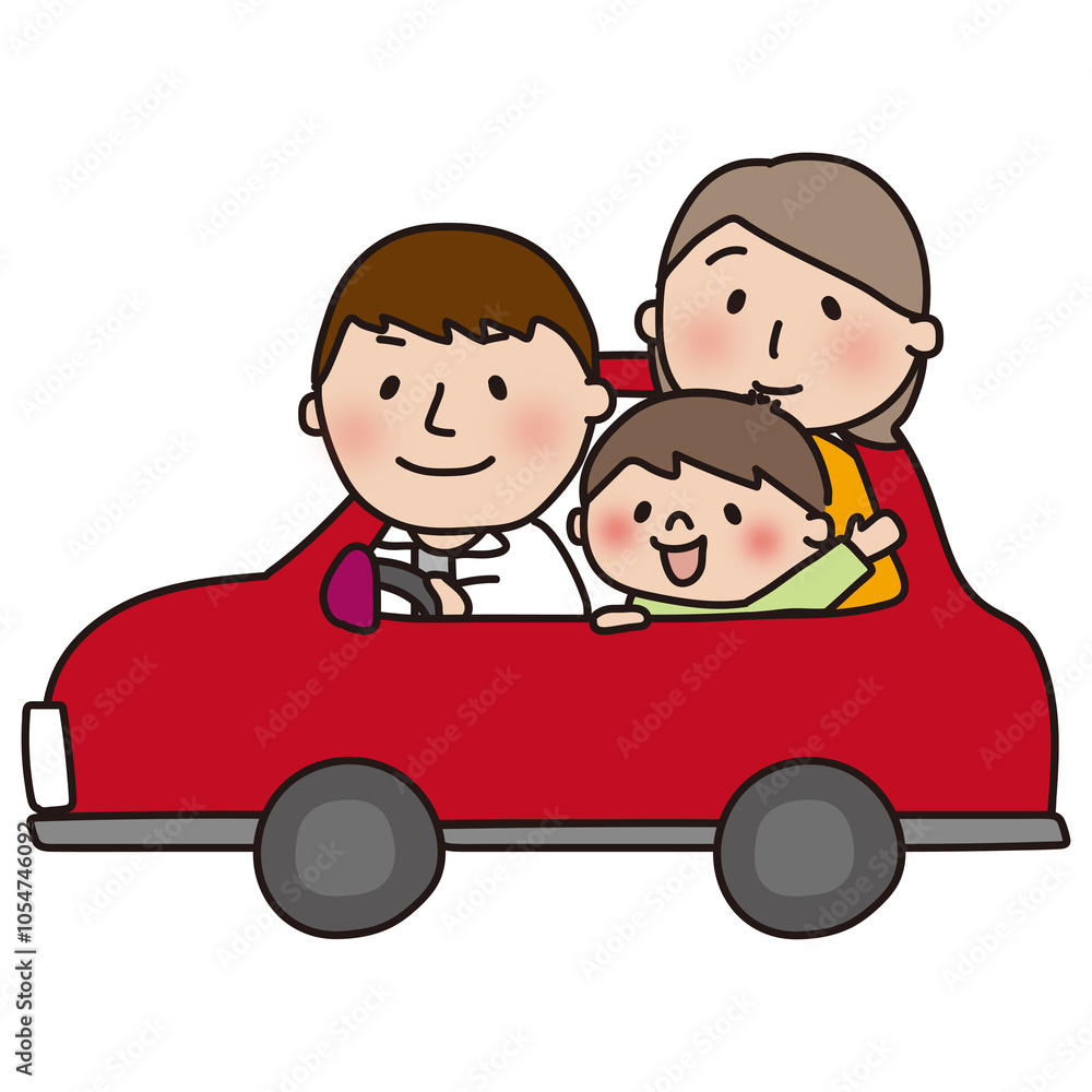 赤い車でドライブする家族（横）