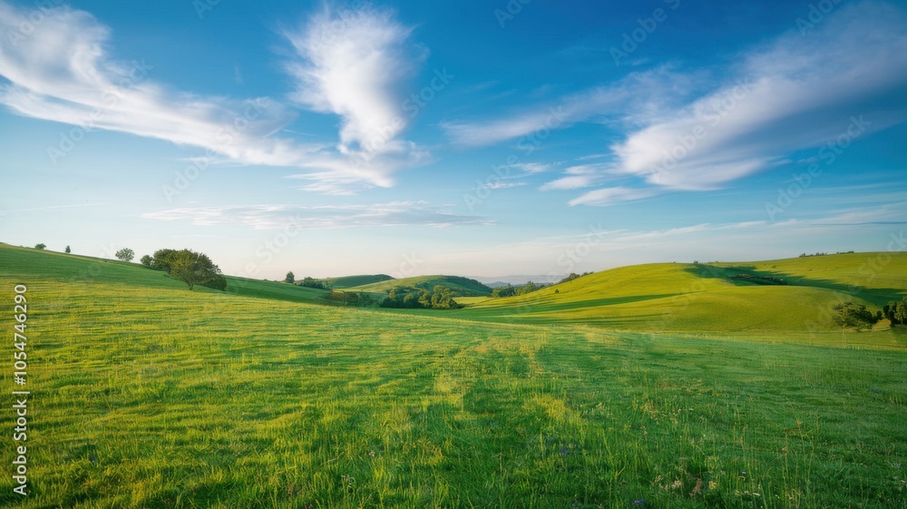 Vast green landscape under a bright blue sky with fluffy clouds. Vast green landscape under a bright blue sky with fluffy clouds.