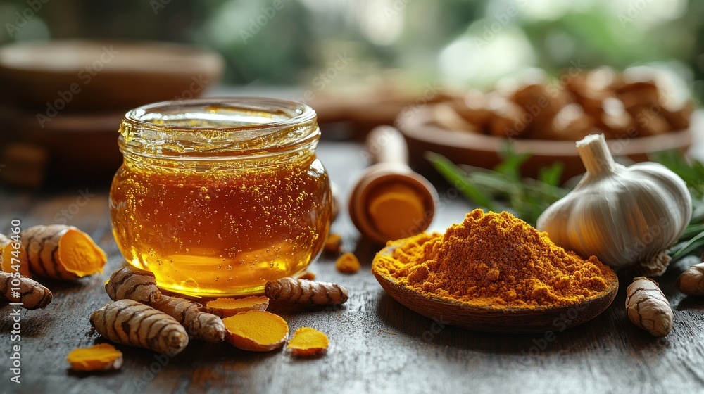 A jar of honey beside turmeric and garlic on a wooden table. A jar of honey beside turmeric and garlic on a wooden table.