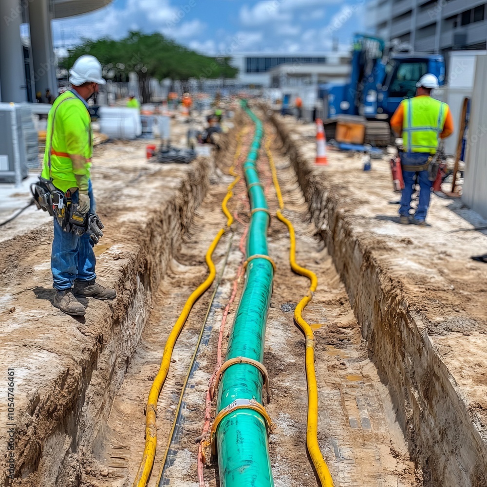 Construction site with workers installing green pipes in a trench. Construction site with workers installing green pipes in a trench.