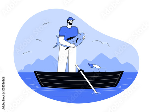 Fisherman catches fish. Fishing illustration. Flat vector illustration.