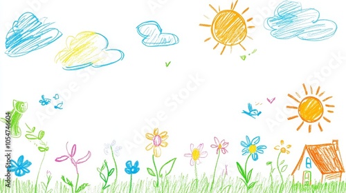 Cheerful doodle-style children's art with simple crayon drawings of suns, clouds, cats, houses, and flowers in bright colors on a white background, capturing playful innocence and creativity.