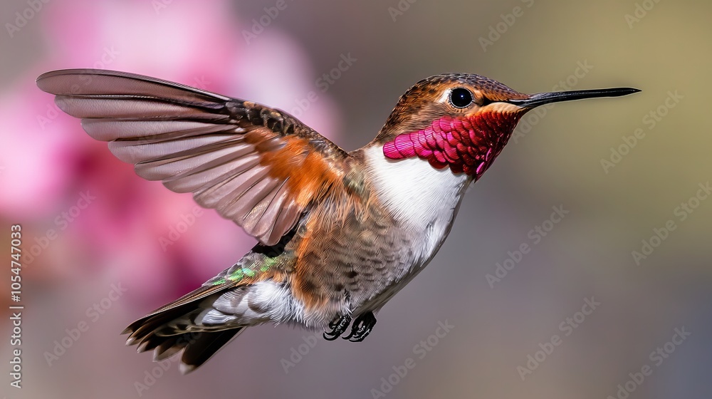 Fototapeta premium A hummingbird with a bright pink throat hovers in mid-air with its wings spread wide.