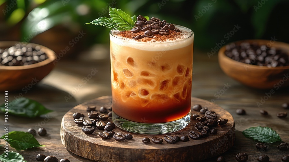 A refreshing iced coffee drink garnished with mint leaves. A refreshing iced coffee drink garnished with mint leaves.