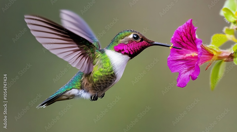 A vibrant hummingbird hovers in mid-air, its long beak reaching for nectar from a pink flower. A vibrant hummingbird hovers in mid-air, its long beak reaching for nectar from a pink flower.