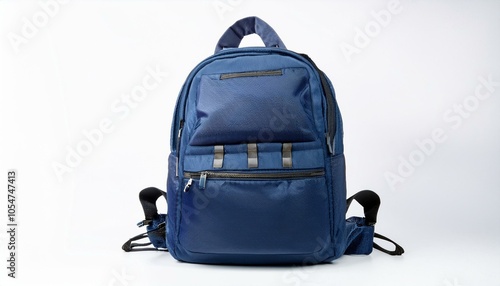 Blue backpack with many pockets.