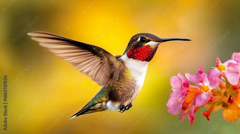 Fototapeta premium A tiny hummingbird hovers mid-flight near a cluster of pink flowers.