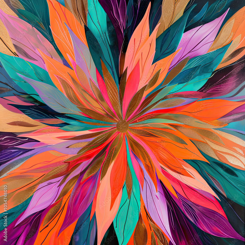 Radiant Abstract Floral Burst with Fuchsia, Tangerine, and Teal Petals Radiant Abstract Floral Burst with Fuchsia, Tangerine, and Teal Petals
