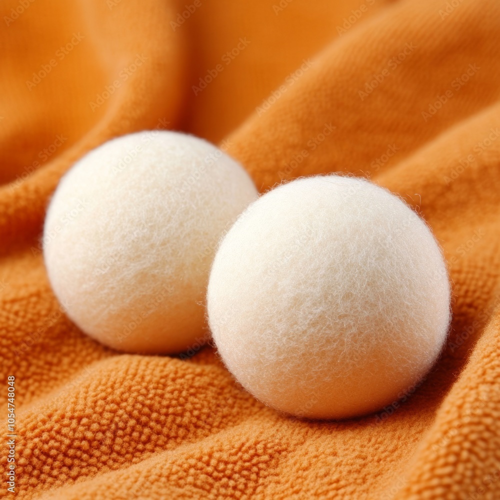 Two white felted wool dryer balls on an orange fabric background. Two white felted wool dryer balls on an orange fabric background.