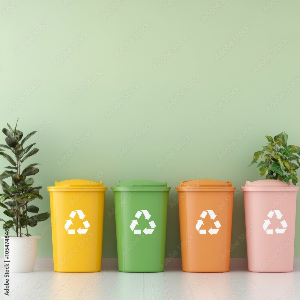 Colorful recycling bins against a green wall with potted plants. Colorful recycling bins against a green wall with potted plants.