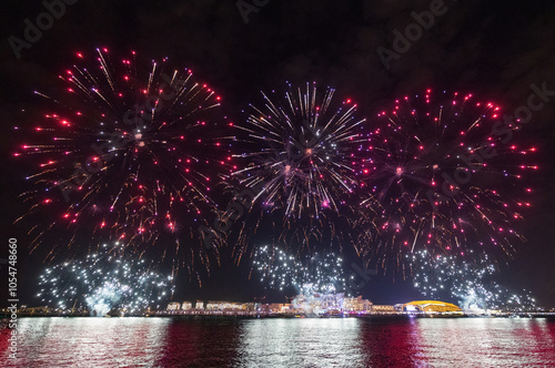 New Years fireworks display on Al Bandar Island looking across towards Yas Island, Abu Dhabi photo