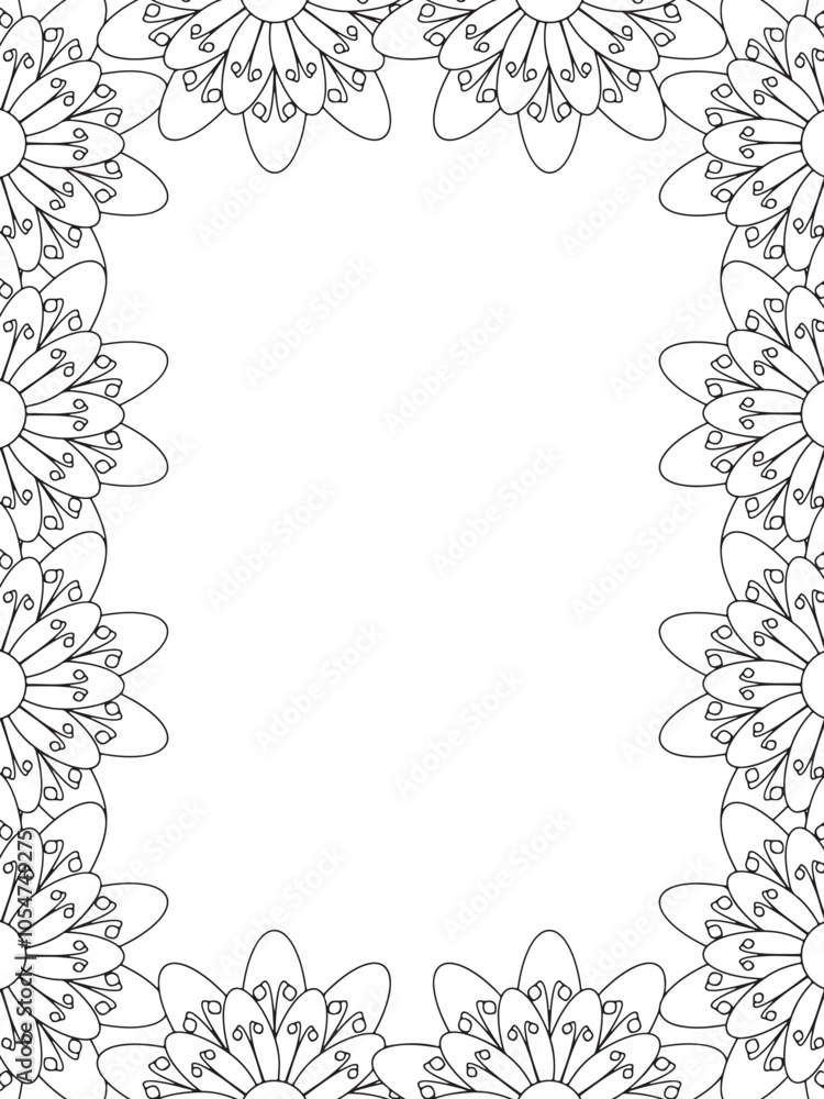 Fototapeta premium All these designs are hand-drawn and unique Flower Border is a Beautiful black and white illustration for aadult coloring book, This is a printable Beautiful Zentangle Coloring page for KDP Interior,