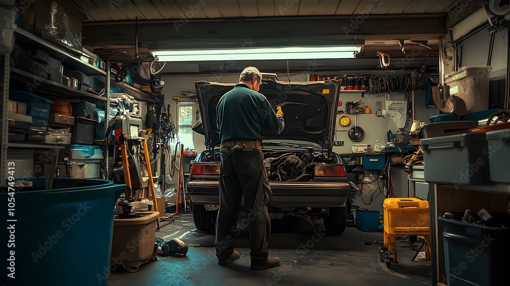Auto mechanic working on a car in his garage. Auto mechanic working on a car in his garage.