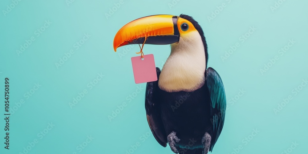 Naklejka premium Cheerful Toucan with Discount Tag on Pastel Blue Background