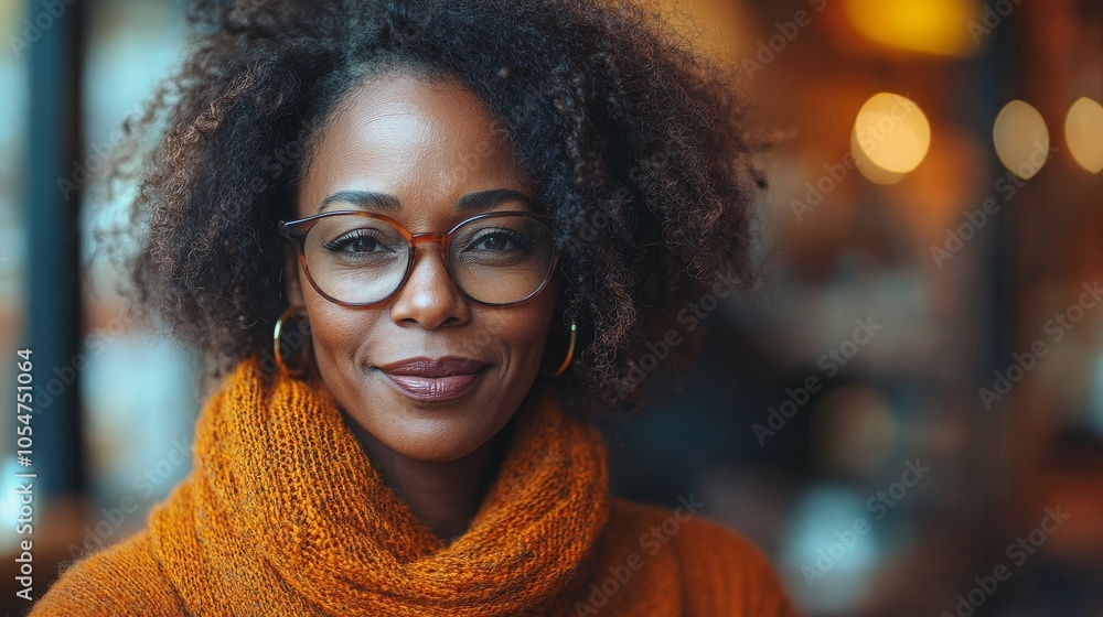 Middle-aged Black woman focuses on managing her investments in a cozy cafe setting Middle-aged Black woman focuses on managing her investments in a cozy cafe setting