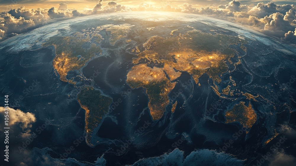 A view of Earth from space, highlighting illuminated regions at night. A view of Earth from space, highlighting illuminated regions at night.