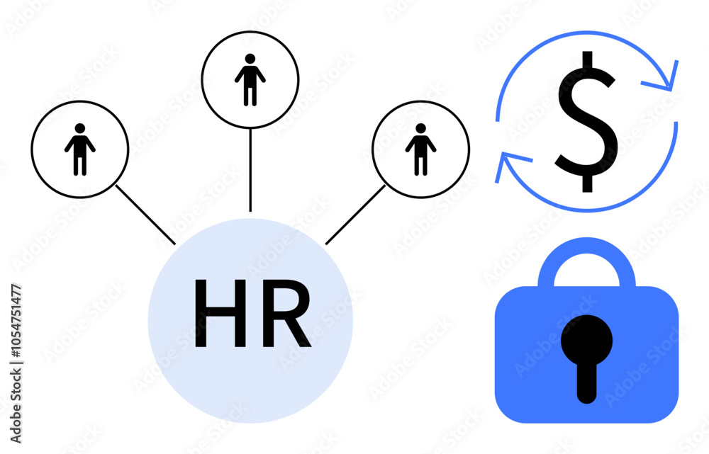 Simple icons connected to HR, people, money, and a lock symbol for security. Ideal for HR management, employee relations, payroll management, data protection, business operations. Flat vector style Simple icons connected to HR, people, money, and a lock symbol for security. Ideal for HR management, employee relations, payroll management, data protection, business operations. Flat vector style
