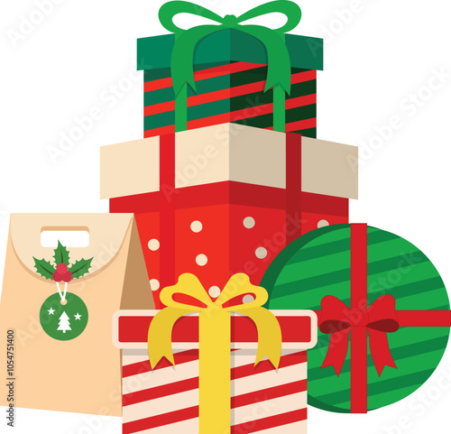 Set of christmas gifts boxes pile wrapped presents flat illustration