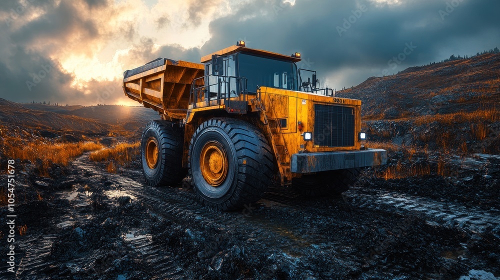 A large yellow dump truck on a rugged terrain at sunset.