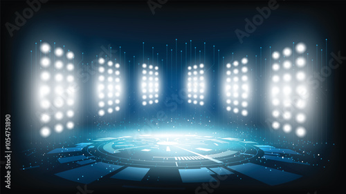 Abstract technology background stadium stage hall with scenic lights of round futuristic technology user interface Blue vector lighting empty stage spotlight background.