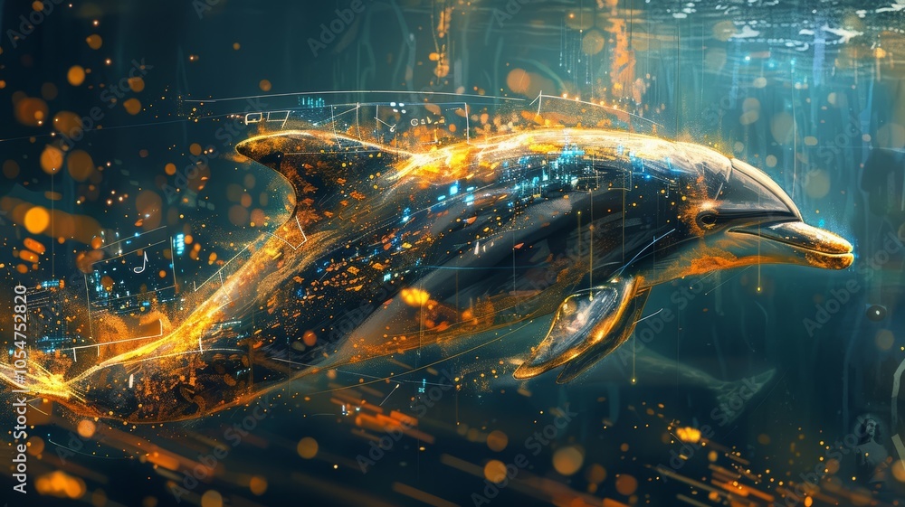 Digital Art of a Dolphin with Futuristic Elements and Musical Notes in an Underwater Scene Digital Art of a Dolphin with Futuristic Elements and Musical Notes in an Underwater Scene