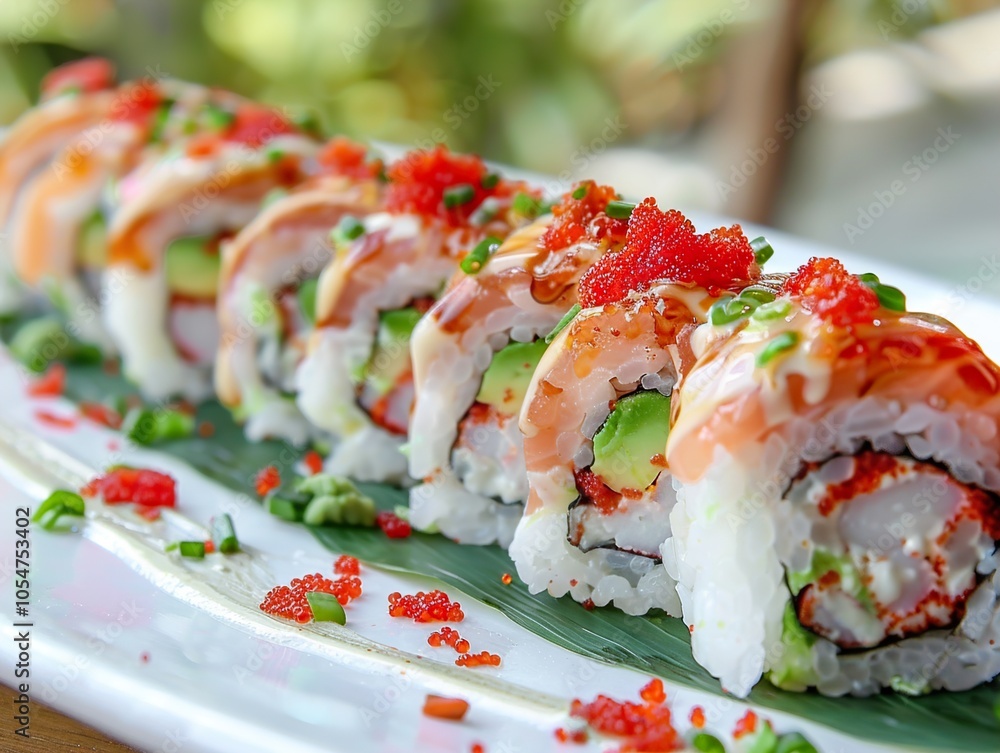 Delicious Salmon Sushi Rolls with Avocado and Crab Delicious Salmon Sushi Rolls with Avocado and Crab
