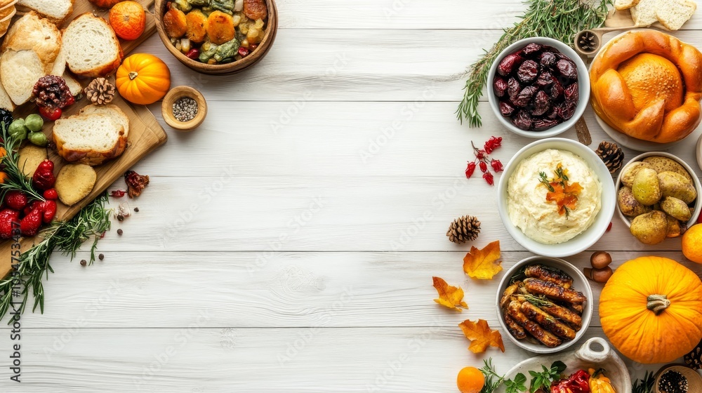 Quick Thanksgiving meal on white wood surface with harvest table dressings. Quick Thanksgiving meal on white wood surface with harvest table dressings.