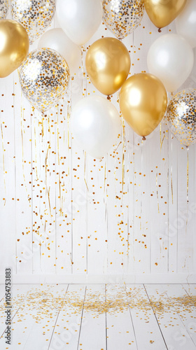 A white background with gold and white balloons hanging from the ceiling. The balloons are scattered all over the background, creating a festive and celebratory atmosphere