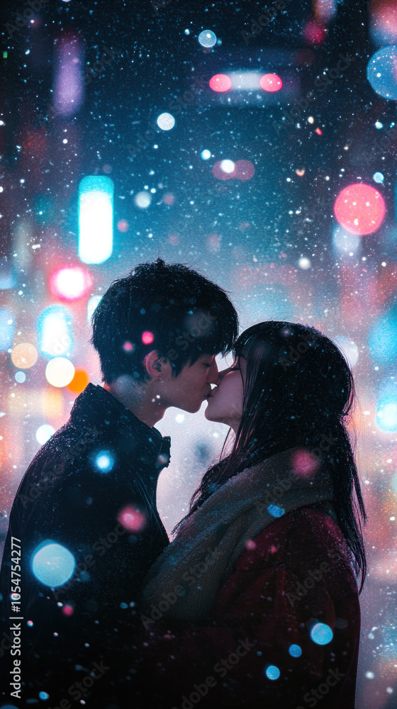 Naklejka premium A couple kissing in the rain with a blurry background. Scene is romantic and intimate
