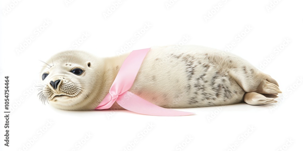Sweet Baby Seal with Pink Ribbon Resting on White Background Sweet Baby Seal with Pink Ribbon Resting on White Background
