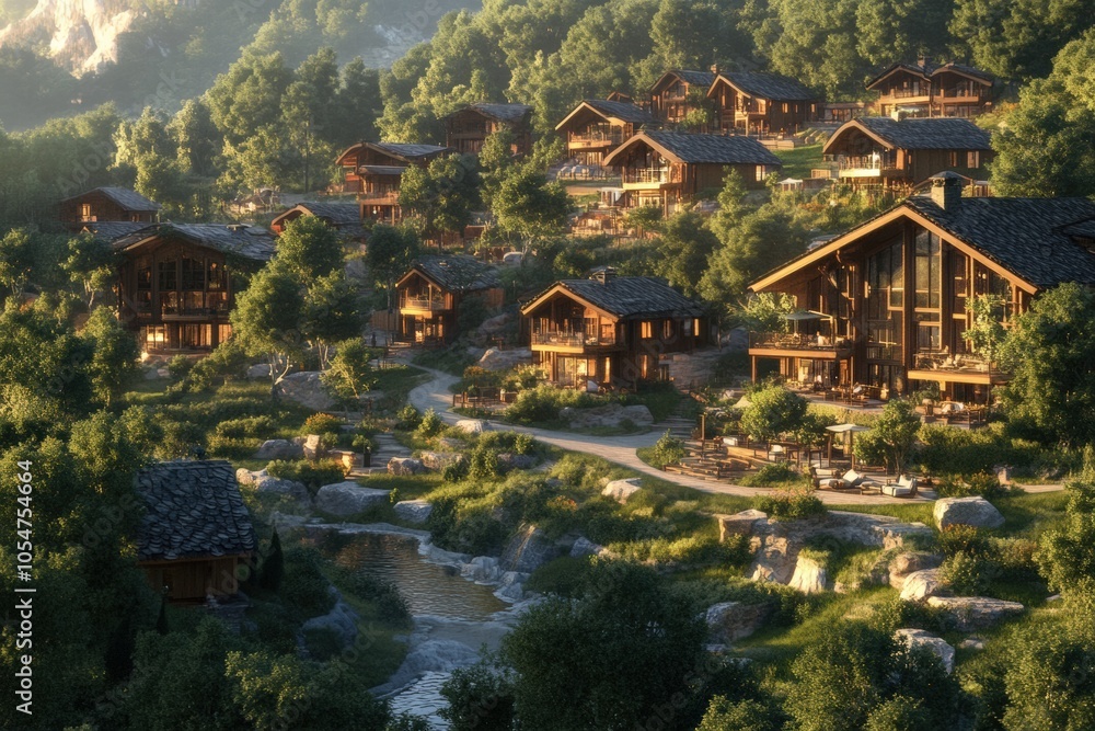 A sprawling luxury mountain resort designed for eco-tourism, with cabins, lodges, and a central building. A sprawling luxury mountain resort designed for eco-tourism, with cabins, lodges, and a central building.