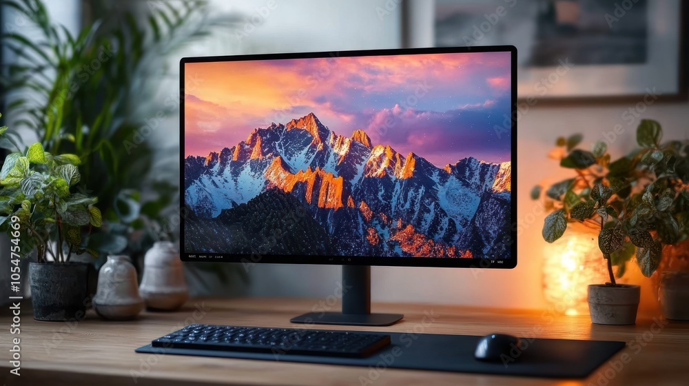 A modern workspace featuring a mountain landscape on a monitor. A modern workspace featuring a mountain landscape on a monitor.