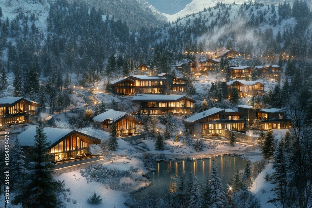 Fototapeta premium A sprawling luxury mountain resort designed for eco-tourism, with cabins, lodges, and a central building.