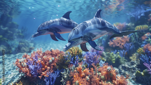 Dolphins swimming over coral reef underwater