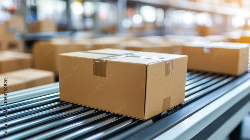 A brown cardboard box is sitting on a conveyor belt in a warehouse. The box is surrounded by other boxes, and the conveyor belt is moving. Concept of order and organization A brown cardboard box is sitting on a conveyor belt in a warehouse. The box is surrounded by other boxes, and the conveyor belt is moving. Concept of order and organization