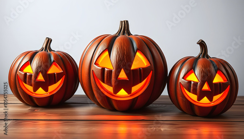 Three lit Jack-o-Lantern, halloween pumpkin lanterns on a wooden product display table with an isolated isolated with white shades, png