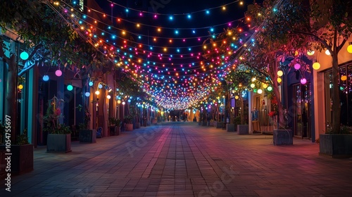 Colorful String Lights Illuminating a Festive Street