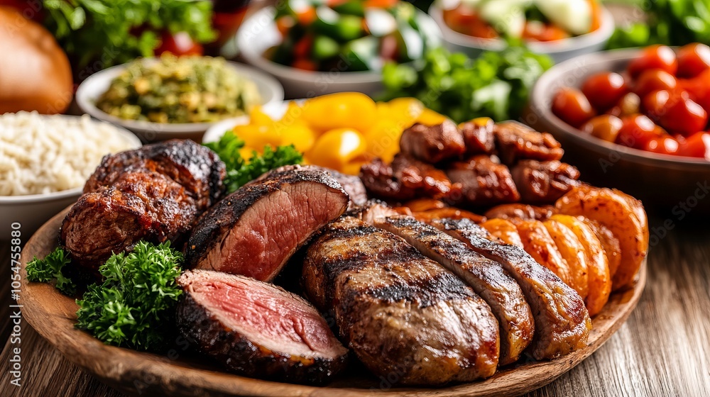 A close-up of a platter of grilled meat, including steak, sausage, and chicken, with sides of rice, potatoes, and vegetables. A close-up of a platter of grilled meat, including steak, sausage, and chicken, with sides of rice, potatoes, and vegetables.