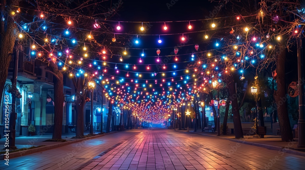 Colorful String Lights Illuminate Festive Streets at Night Colorful String Lights Illuminate Festive Streets at Night