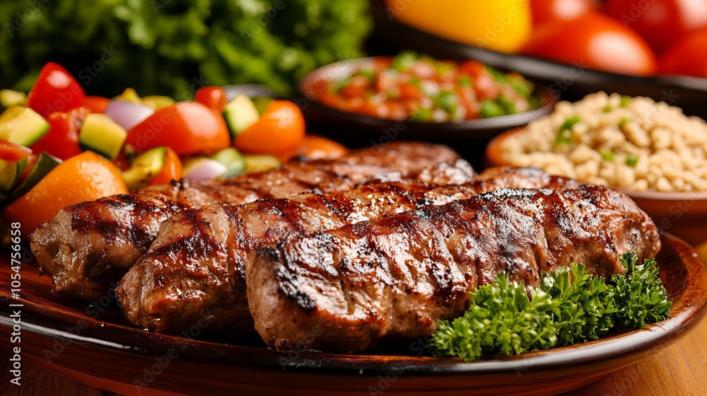Grilled meat skewers on a wooden platter with fresh vegetables, parsley, and rice. Grilled meat skewers on a wooden platter with fresh vegetables, parsley, and rice.