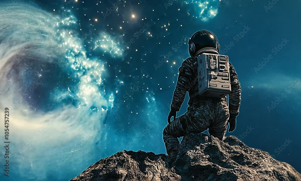 An astronaut gazes at a starry sky from a rocky terrain, evoking wonder and exploration. An astronaut gazes at a starry sky from a rocky terrain, evoking wonder and exploration.