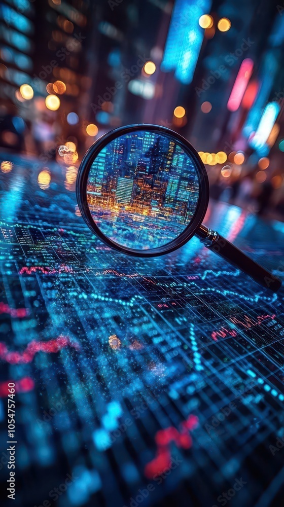a magnifying glass positioned over an abstract representation of stock market graphs symbolizing the search for investment opportunities and financial insights in a dynamic economy a magnifying glass positioned over an abstract representation of stock market graphs symbolizing the search for investment opportunities and financial insights in a dynamic economy