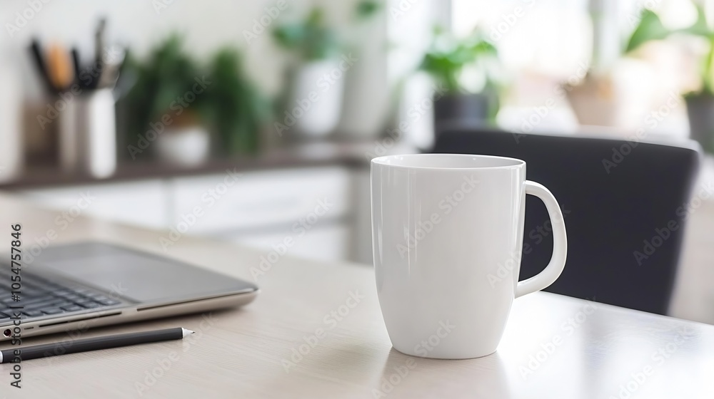 Modern Home Office with Coffee Mug and Laptop for Efficient Workflow : Generative AI Modern Home Office with Coffee Mug and Laptop for Efficient Workflow : Generative AI