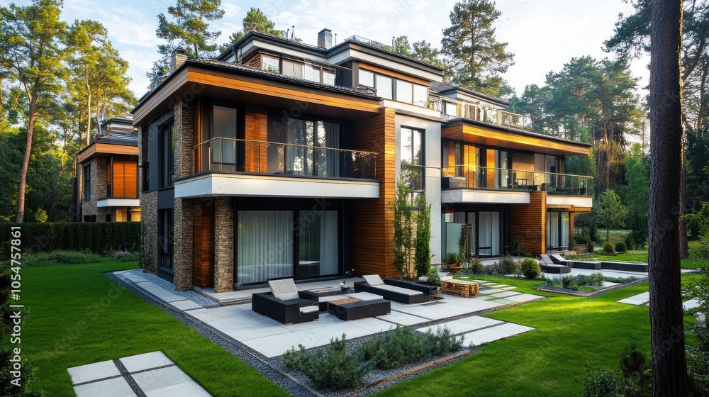 Modern houses with large glass windows and balconies surrounded by greenery and pathways. Modern houses with large glass windows and balconies surrounded by greenery and pathways.