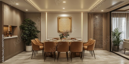 Modern Dining Room Interior Design with Geometric Patterns and Gold Accents